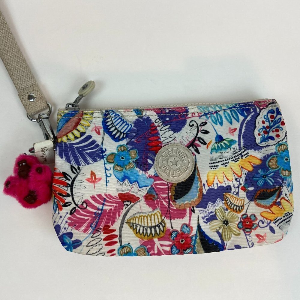Kipling Floral Wristlet Clutch Sz XL Pink Monkey